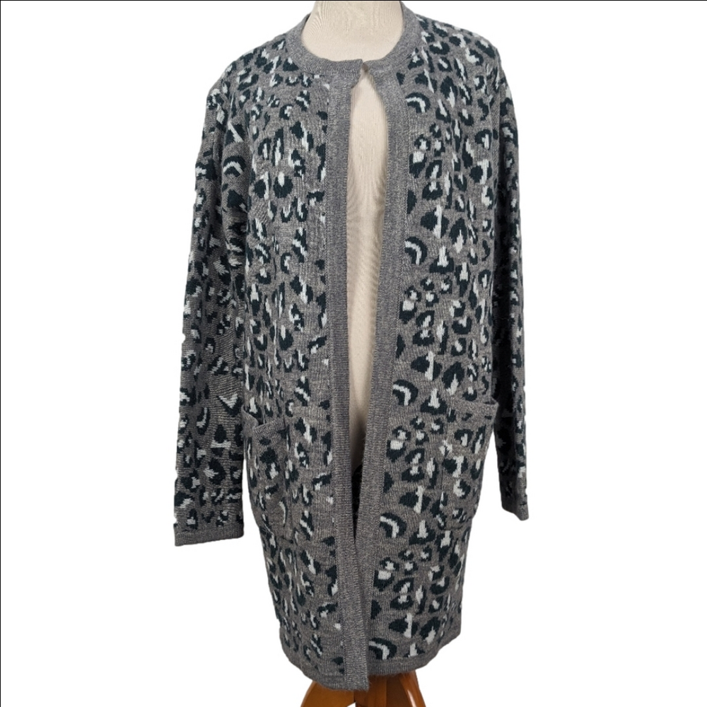 Cynthia Rowley Gray Leopard Knit Acrylic Alpaca Blend Open Long Line Cardigan M - Picture 7 of 7